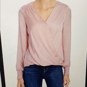 New smocked faux wrap-top light pink